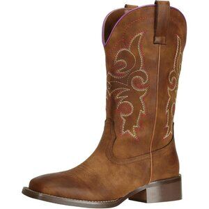 SheSole Western Boots Women Brown Faux Leather Square Toe Wide Mid Calf